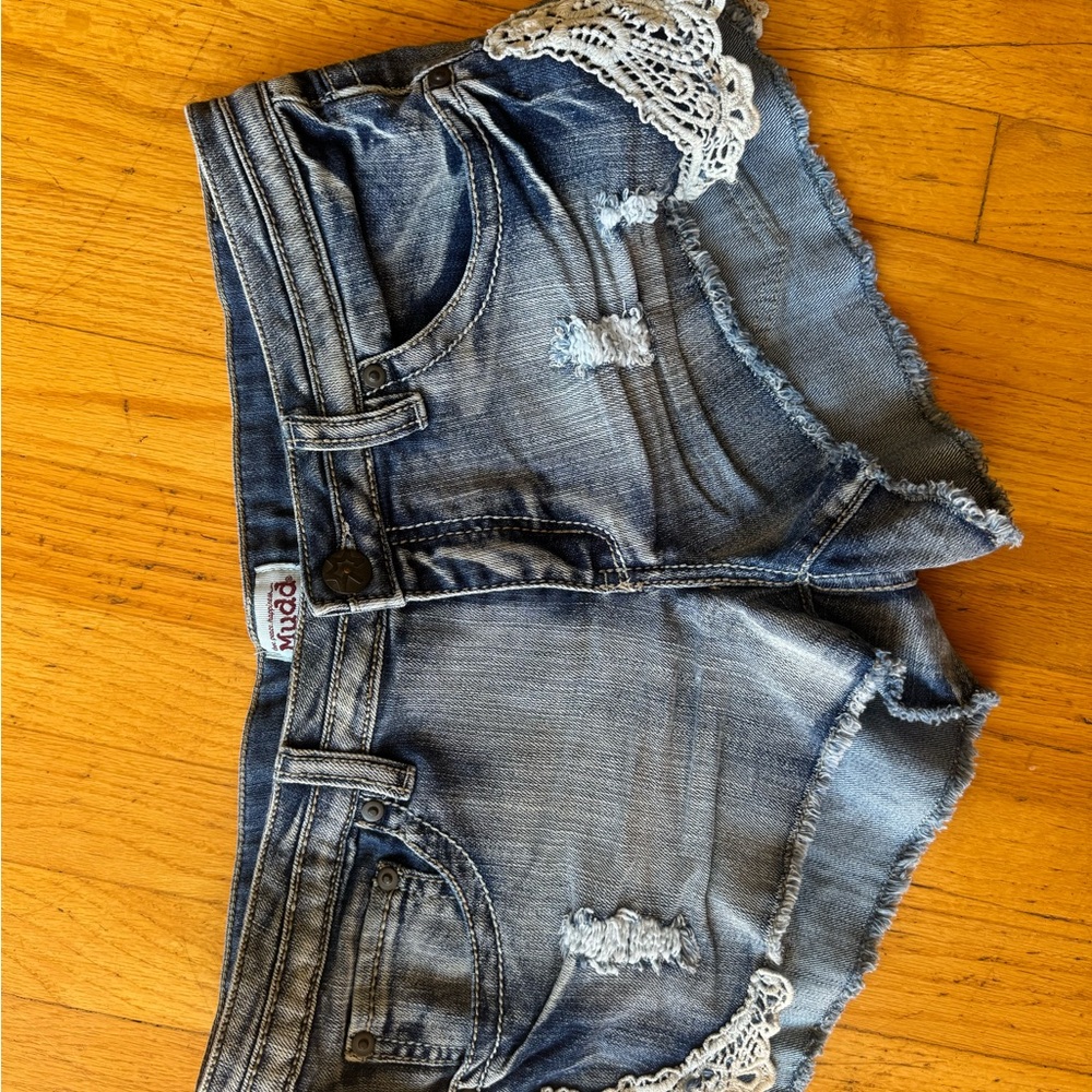 Mudd Light Blue Distressed Denim Shorts with Lace Trim